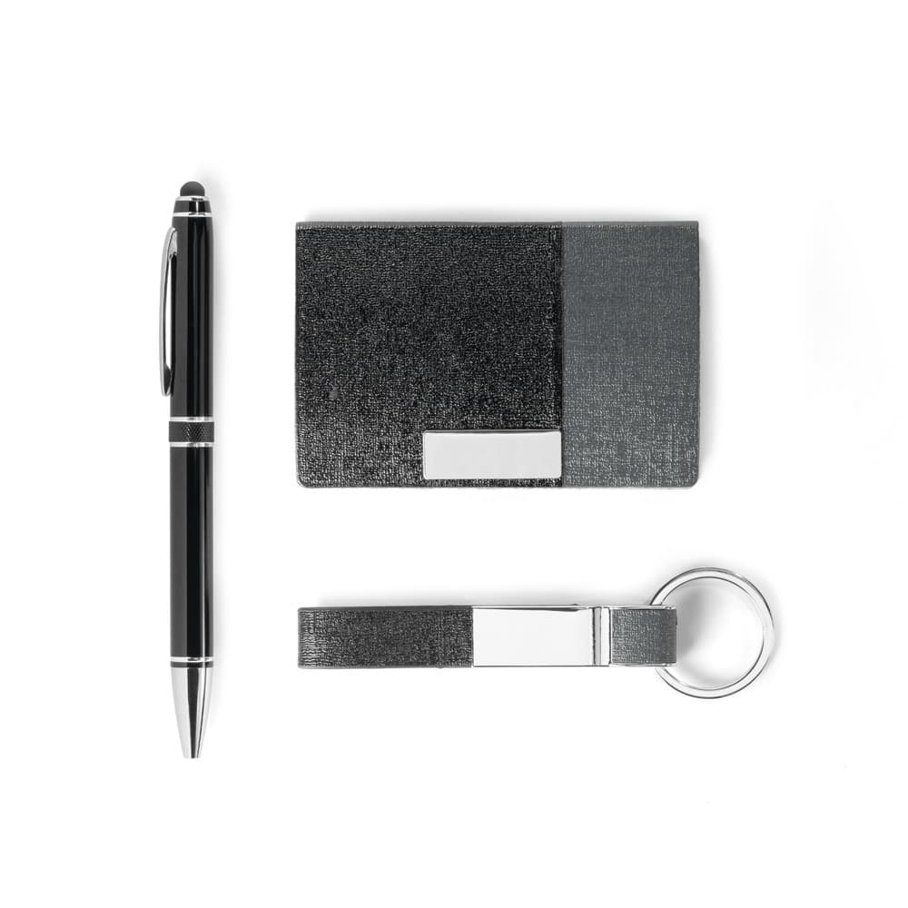 Kit de porta cartões, chaveiro e caneta esferográfica em c.sintético, metal e alumínio - miniatura 1
