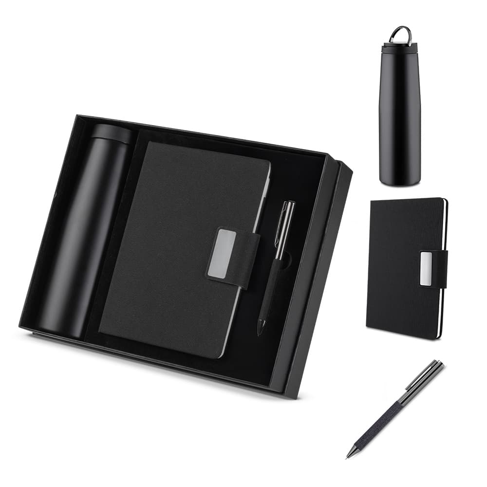 Kit escritório Caderno, Garrafa e Caneta Metálica